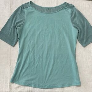 PrAna Women's Large Kaylin Striped Pullover 3/4 Sleeve Shirt Outdoors Teal